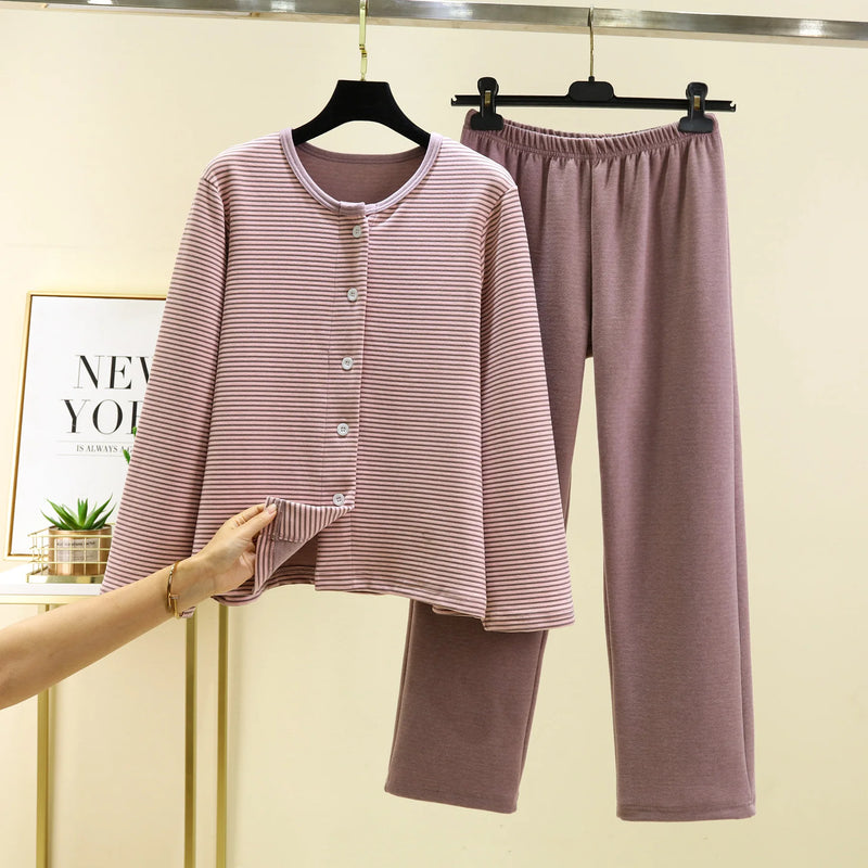 Winter Pajamas Set Fashion Striped Warm Sleepwear De Velvet Thicken Woman Pyjama Sets Home Wear Suit Fleece Pijama Mujer