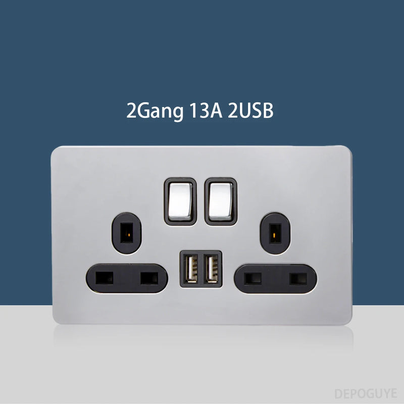 Wall Light Toggle Retro Switch Panel 1-4 Gang 2 Way EU Silver Gray Brushed Stainless Steel Antique Switch Outlet with USB Chargi
