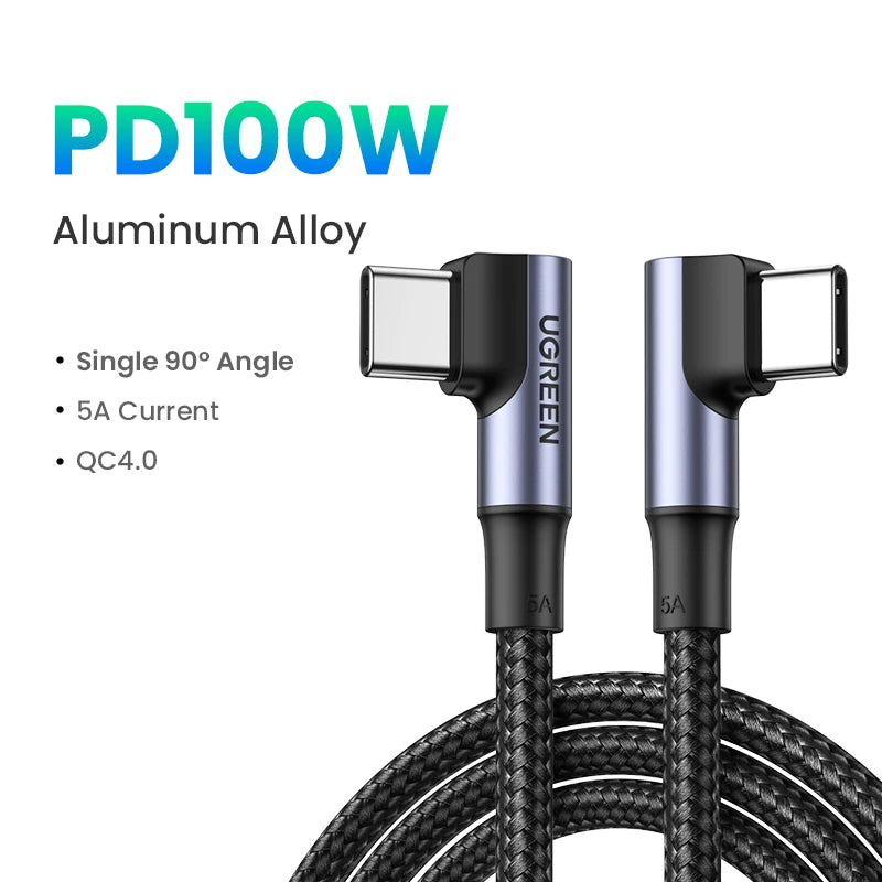 UGREEN 90 Degree Right Angle USB-C Cable PD100W/60W Type-C Gaming Charging Cable 5A/3A for iPhone 17/16 Samsung S26/25/24 0.5-3M