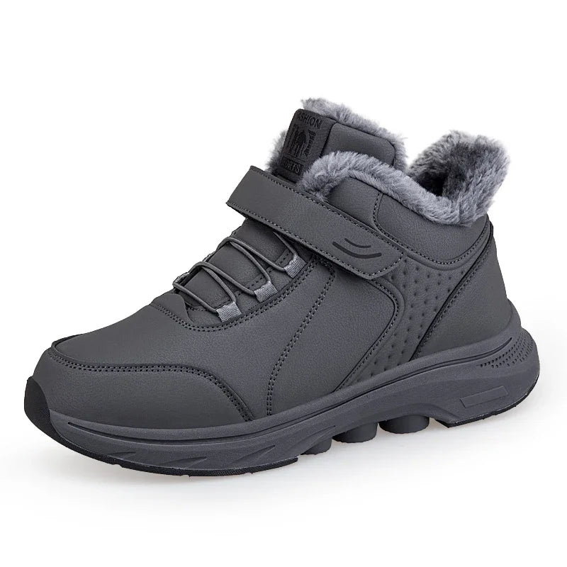 Winter Plush Lined Elderly Shoes PU Leather Non-Slip Rubber Adjustable Strap Warm Snow Boots Comfort Walking Shoes for Elderly
