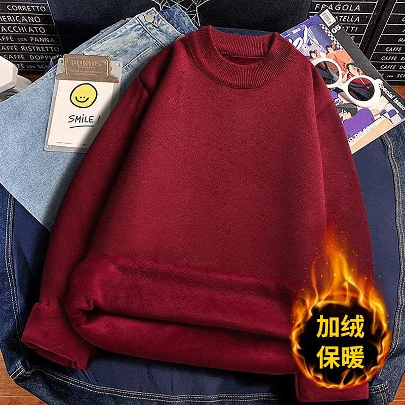 Male Everyday Wear Knitted Pullover Mock Collar Thick Fleece Lining Long Sleeve Warm Sweater For Chilly Weather
