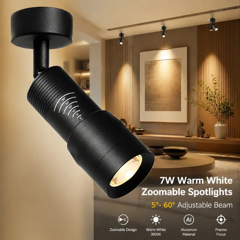 ភ្លើងពិលពិដាន JOYINLED 7W LED ដែលអាចពង្រីកបាន មុំធ្នឹម 5°-60° ពណ៌សក្តៅ សម្រាប់ដំឡើងលើផ្ទៃពិដាន