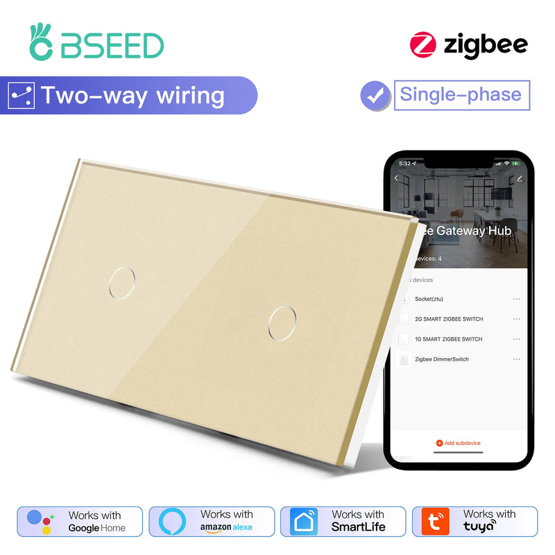BSEED Smart Zigbee Touch Light Switch 1/2/3Gang Wall Touch Switch 2Way Wire Compatible with Smart Life Alexa Google Home