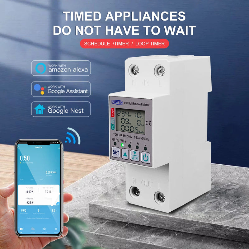 TOMZN 63A 110V 220V SmartLife WIFI Energy Meter Metering Circuit Breaker Timer with Voltage Current and Leakage Protection TUYA