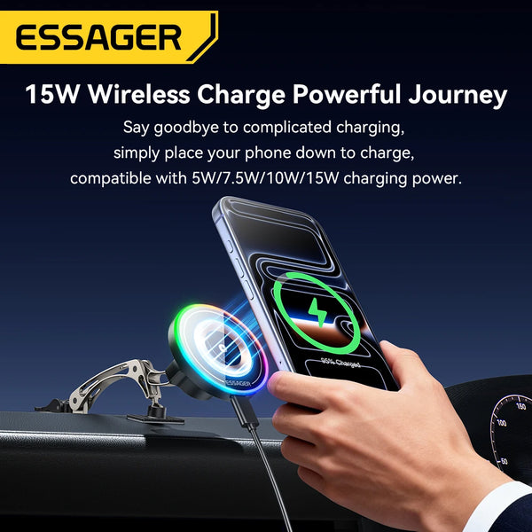 ឆ្នាំងសាកឥតខ្សែ Essager 15W ម៉ាញេទិកសម្រាប់ទូរស័ព្ទក្នុងឡាន ជើងទ្របង្វិលបាន 360° សម្រាប់ iPhone 17 16 15 Pro Max Samsung Xiaomi