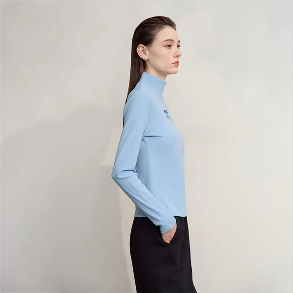 AMII Women's T-shirt 2026 Autumn New Casual Versatile Top Women Turtleneck Letter Embroidery Long Sleeves Ladies Tops 12524058