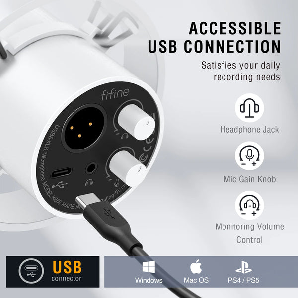 មីក្រូហ្វូន FIFINE ឌីណាមិក USB/XLR ជាមួយប៊ូតុង Gain/បិទសំឡេង/រន្ធដោតកាស មីក្រូហ្វូនថតសំឡេងសម្រាប់ស្ទ្រីមកាតសំឡេងកុំព្យូទ័រ-K688W ពណ៌ស