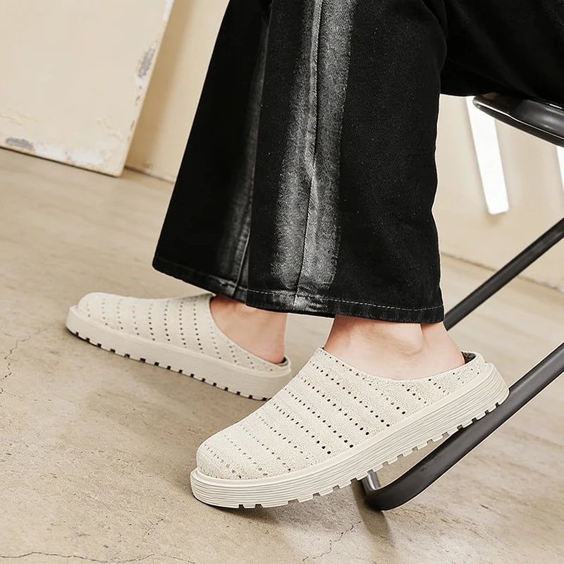 Men's casual slip on slippers summer soft-sole breathable lightweight outdoor walking shoes fashion youth sports half slippers