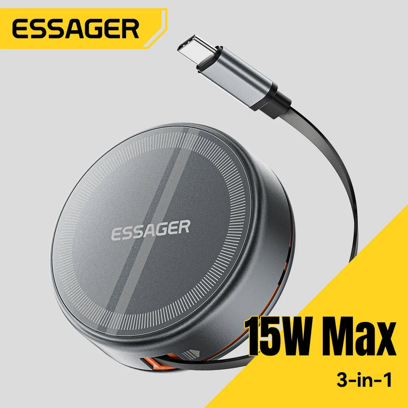 ឆ្នាំងសាកឥតខ្សែ Essager 15W 3 ក្នុង 1 ជាមួយខ្សែប្រភេទ C ដែលអាចដកបានប្រវែង 96 សង់ទីម៉ែត្រ សម្រាប់ iPhone 16 15 14 13 Pro Max Airpods នាឡិកា