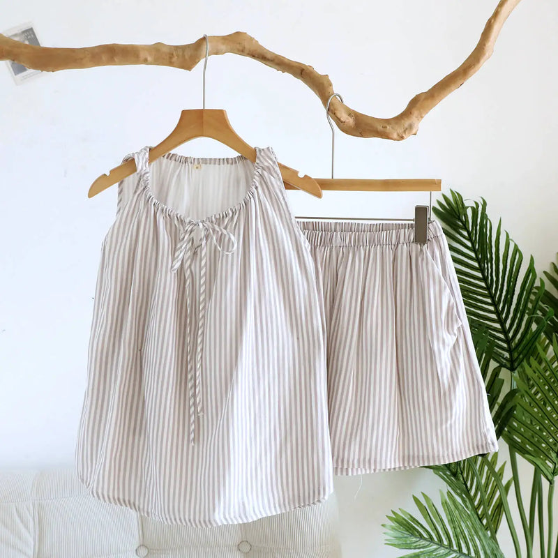 Thin Summer Pajamas Woman Sleepwear Shorts 2 Piece Set Striped Sleeveless Pyjama Gauze Cotton Women's Sleeping Clothes Pijama