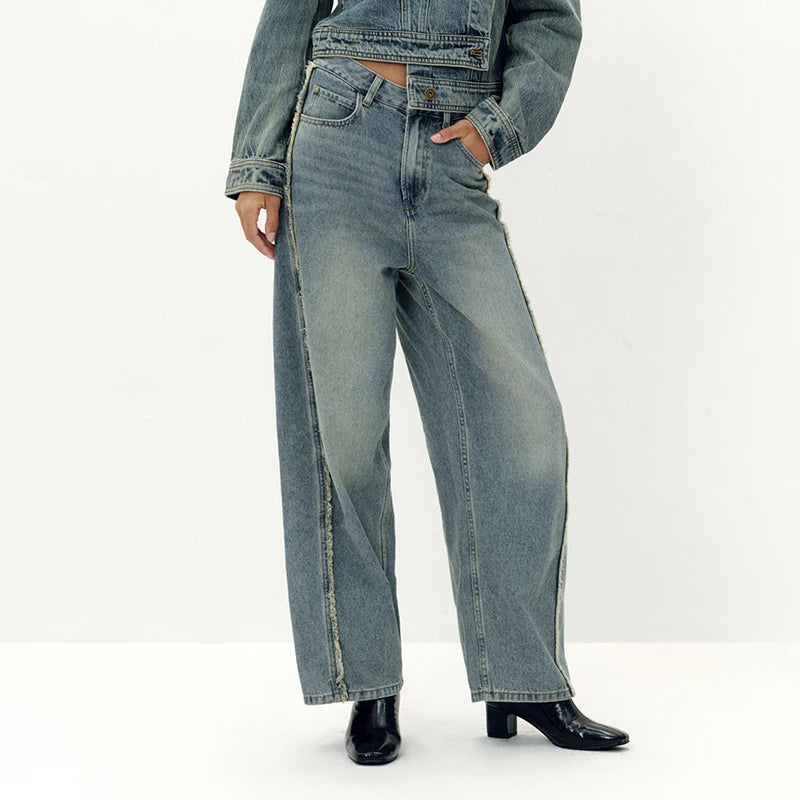 Semir Women Jeans Curved Barrel Loose Washed Street Style Draping Wide Leg 2026 Autumn Fashion Denim Bottoms Daily Wear