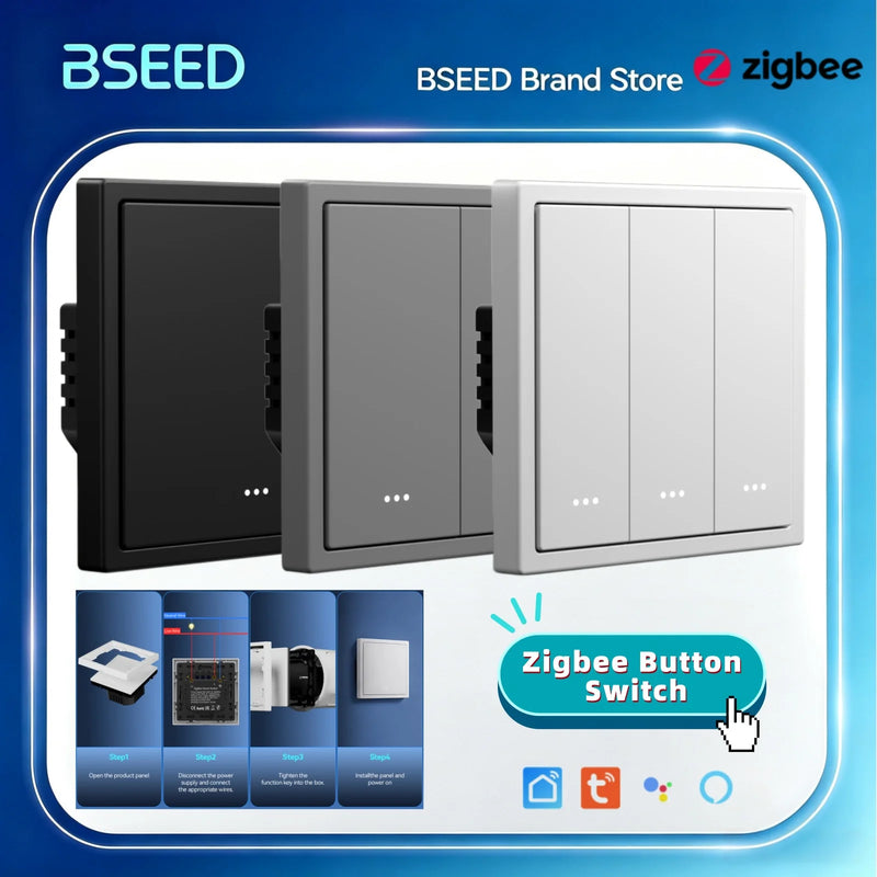 BSEED Zigbee Click Light Switch 1/2/3/4Gang Smart Button Switch Plastic Frame Tuya Smart Life Alexa Control Need Neutral Line