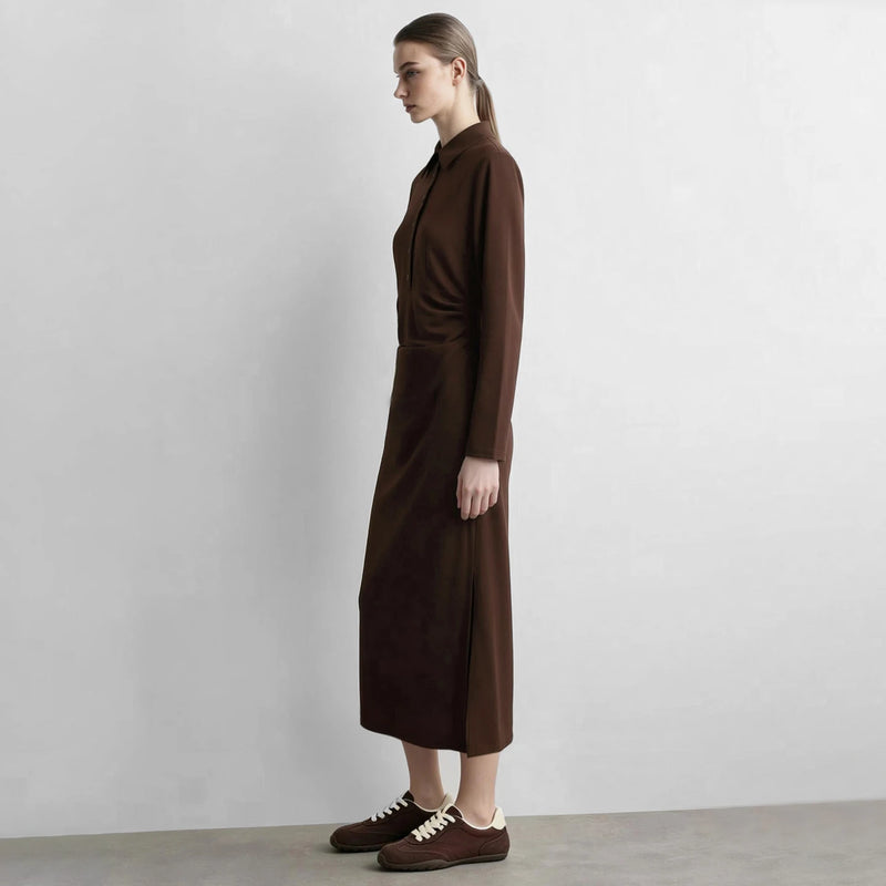 Amii Dress for Women Autumn Notched Collar Button Placket Slim Waist Asymmetrical Knitted Midi Dresses Woman Clothing 12623076