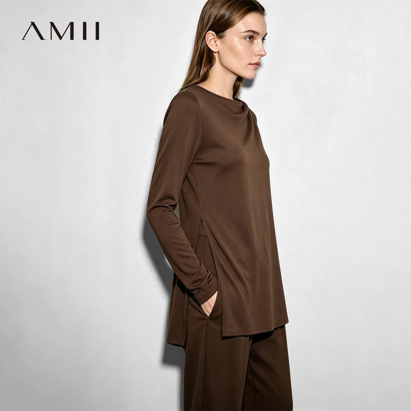 Amii Women T-Shirts Slim Fit Gathered Asymmetrical Slit Long Sleeve Knit T-shirt Commuter 2026 Autumn Chic Woman Tops 12653006