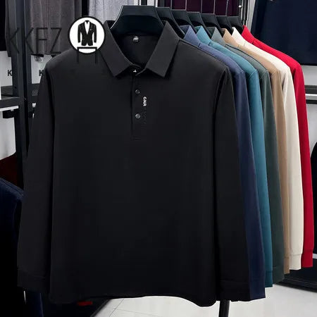 Spring Autumn Mens Lapel Polo Tops High Elastic Wrinkle Resistant Material Simple Chest Letter Print Slim Fit Menswear