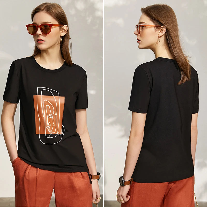 AMII Minimalism 2026 Summer New Top Women Short Sleeves Geometric Print T-shirt Cotton O Neck Black Casual Tees Female 12342527