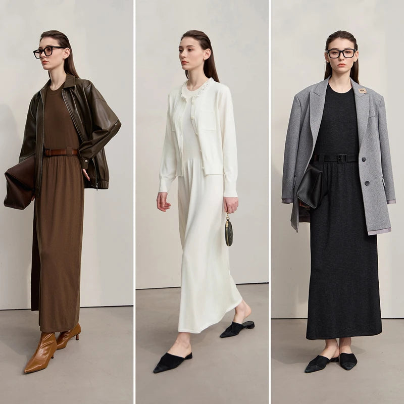 AMII Midi Dresses 2026 Autumn New Knitted Cardigan Sleeveless Long Dress Round Neck Solid Elegant Loose Ladies Clothing 12543209