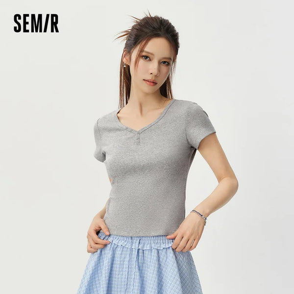 អាវយឺត Semir សម្រាប់នារី ក V រាងពាក់កណ្តាលស្លីម ពណ៌សុទ្ធ ត្រង់ស្មា រដូវក្តៅ 2026 អាវក្រៅទន់