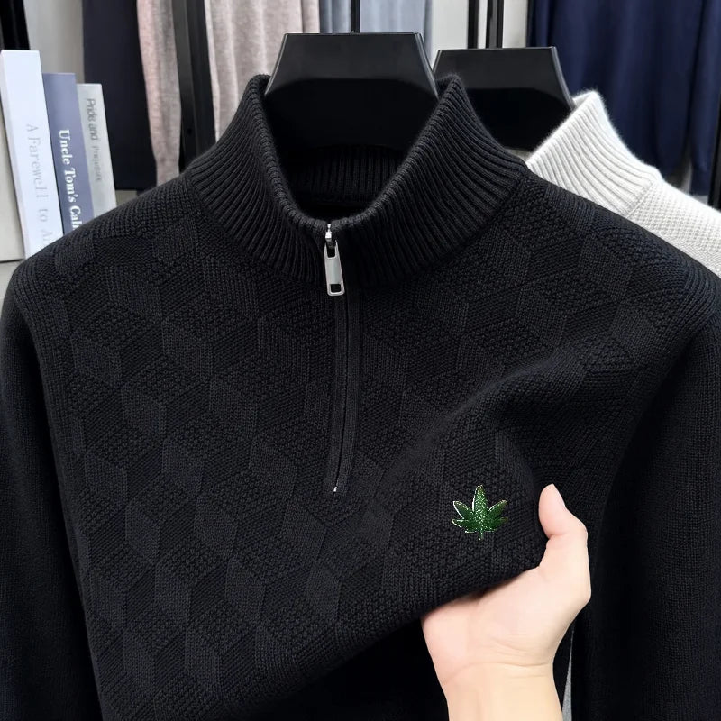 High Quality Men Long-Sleeved Knitwear Mock Neck Zipper Leaf Embroidery Autumn Winter New Pullover Casual Fashion Men's Clothing