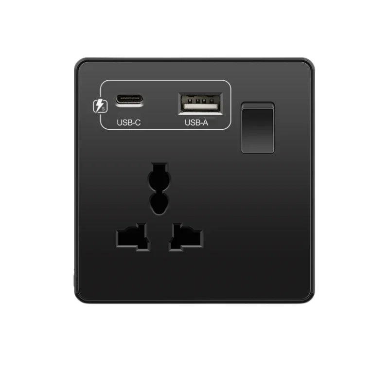 Black Uk 13A Smart Fast Charging Type C18W Charging Socket,1gang2way Wall Light Switch ,Universal Double Five-hole USB C Outlet