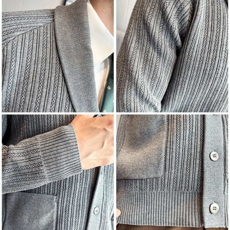 Men's Shawl Collar Knit Cardigan, Old Money Style Stripe Design, Thickened Autumn Winter, White Gray Black