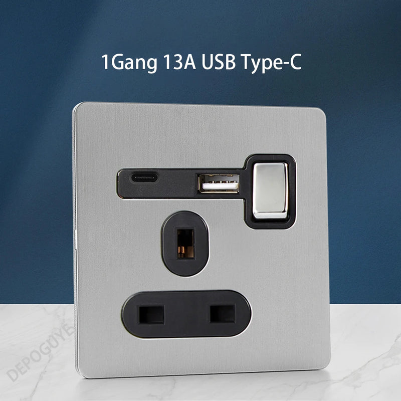 Wall Light Toggle Retro Switch Panel 1-4 Gang 2 Way EU Silver Gray Brushed Stainless Steel Antique Switch Outlet with USB Chargi