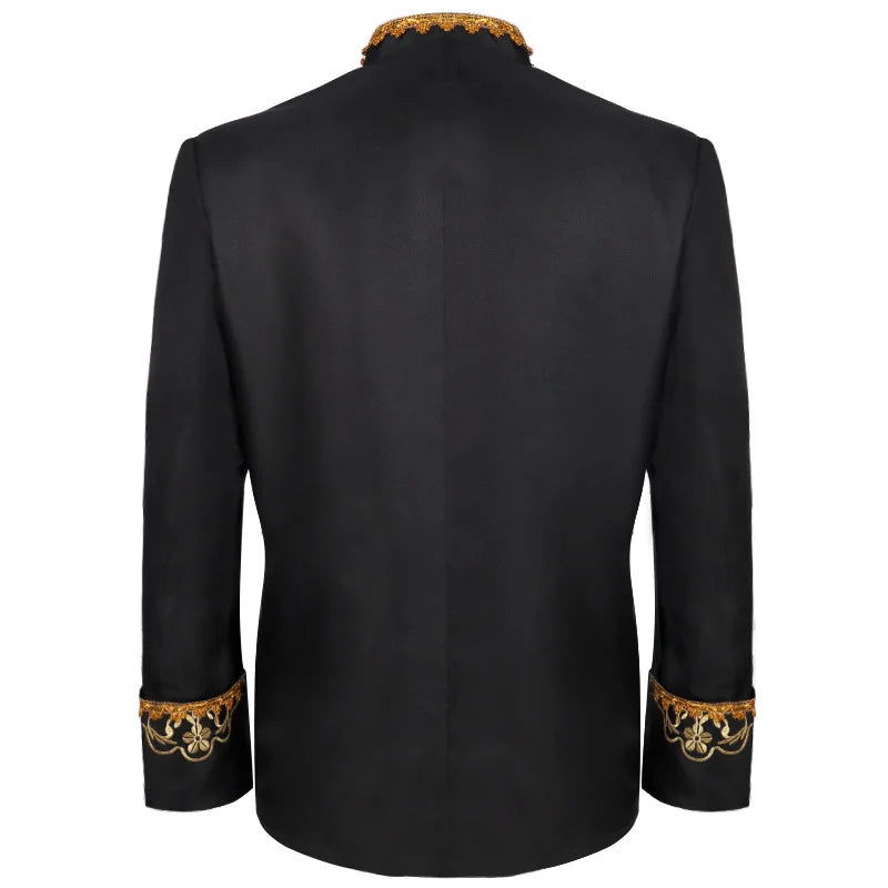 Vintage-style Men's Black Long-sleeve Stand-up Collar Jacket with Gold Embroidery, Perfect for Weddings, Parties, and Cosplay.