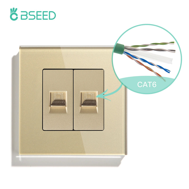BSEED Double CAT5 Network Data Socket Internet RJ45 CAT6 PC Wall Outlet  EU Standard Tempered Glass Panel White Black Golden