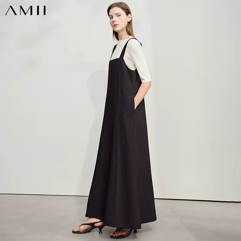 AMII Loose Solid Color Dress Two Wear Front Back Casual 2026 Summer Women Simple Retro Strap Office Lady Pocket A Line 12552090