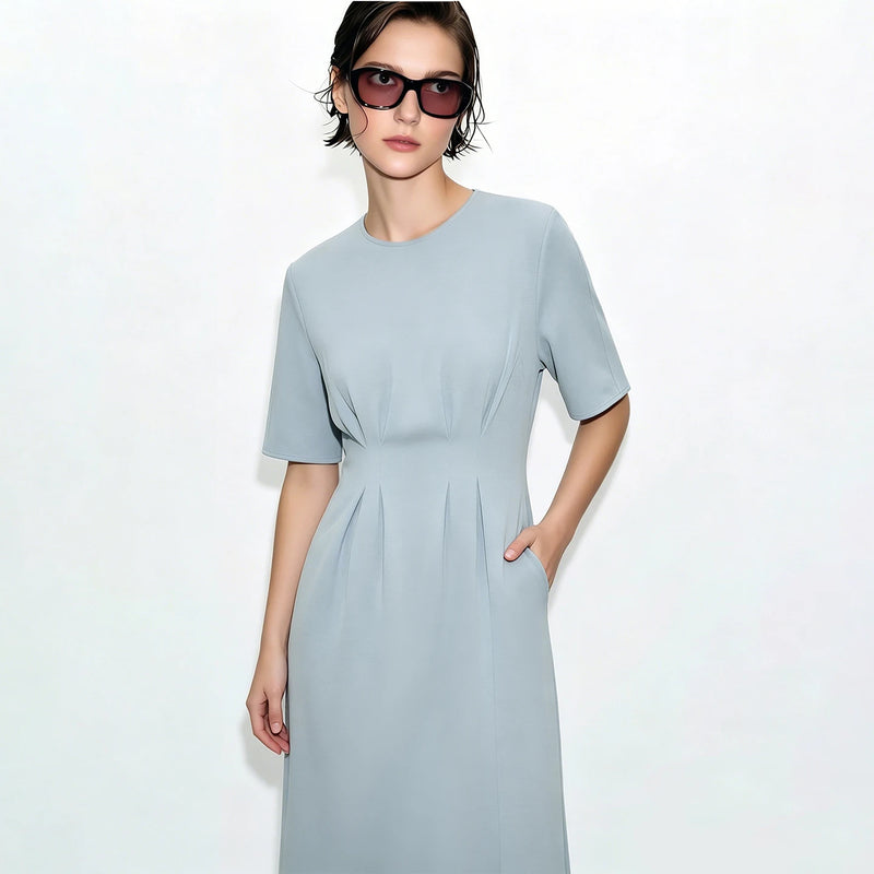 Amii Midi Dress Woman 2026 Summer New Round Neck Short Sleeve Dolman Elegant Office Fitted Waist Women's Casual Dresses 12622176