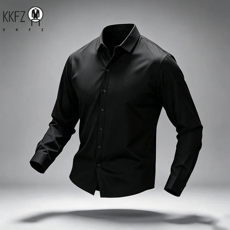 Mens Slim Fit Collared Long Sleeve Shirt Full Button Front Elastic Texture All Match Workplace Leisure Outer Garment