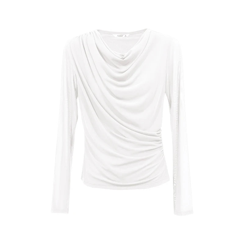 Amii Breathable T Shirts Woman 2026 Autumn New Slim Fit Cowl Neck Long Sleeve Tees Elegant Casual Versatile Womens Tops 12613008