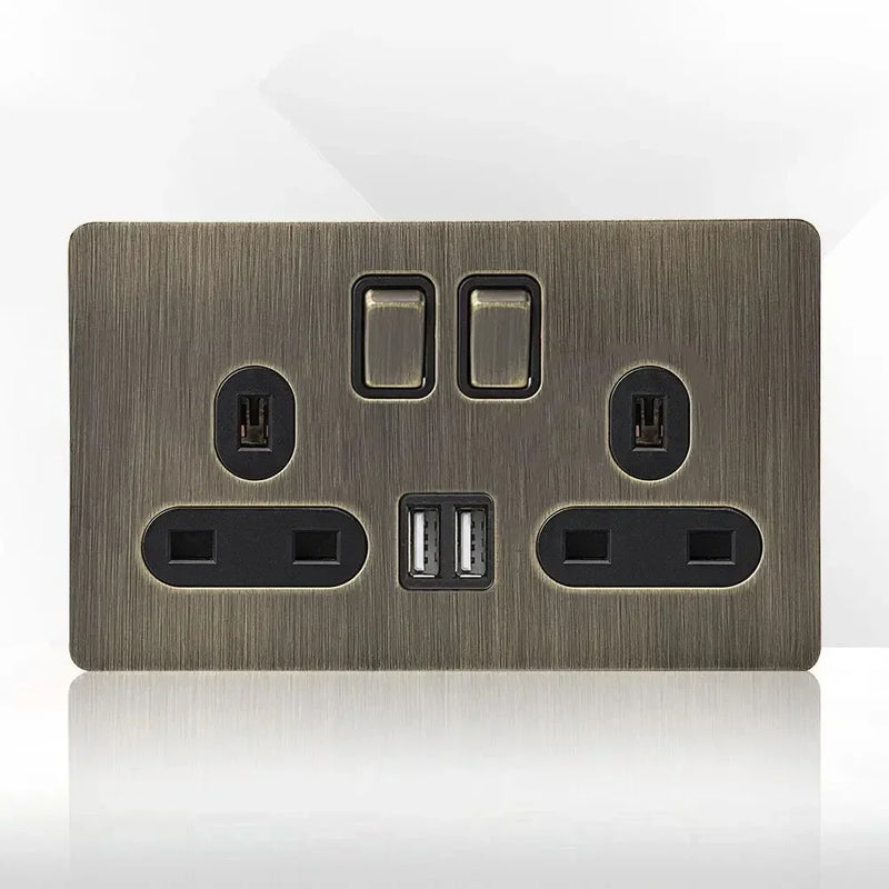 Retro EU FR Metal Panel Wall Toggle Light Switch Socket plug,Bronzed Antique Stainless Steel German 16A Socket with USB Charging