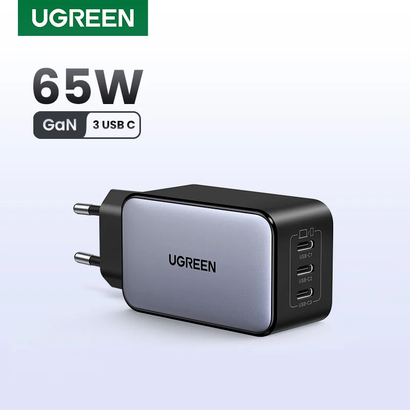 UGREEN 65W GaN Charger Quick Charge 4.0 3.0 PPS PD 3.0 Fast Charger 3 USB C For Macbook Air Laptops Tablets iPhone 18 17 16 Pro