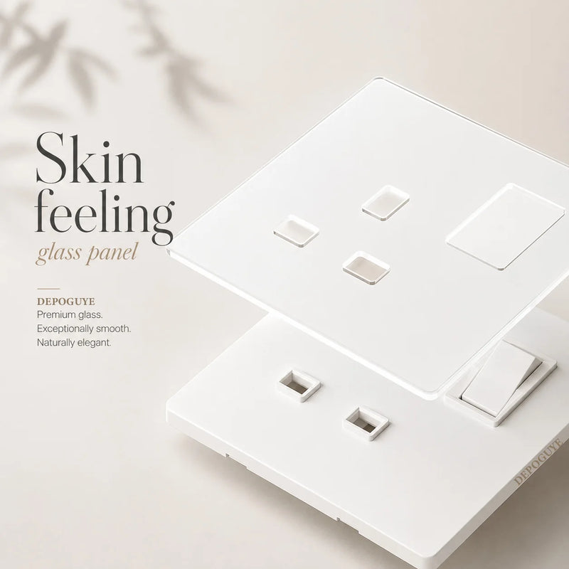 Luxury Skin Feeling Glass Wall Light Switch Button White UK Plug 13A Universal Wall 18W Type-C Fast Charging Socket