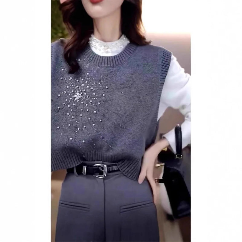 Bead Heavy Industry Crew Neck Outer Wear Vest Stacked Knitted Sweater Casual Chic Top Women's Jacket Cardigan Female Waistcoat