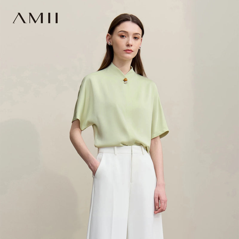 អាវស្រី Amii រដូវក្តៅឆ្នាំ ២០២៦ កអាវឈរថ្មីដៃអាវ Raglan អាវ Chiffon អាវរលុងដៃខ្លីឆើតឆាយសម្រាប់ស្ត្រី 12642031