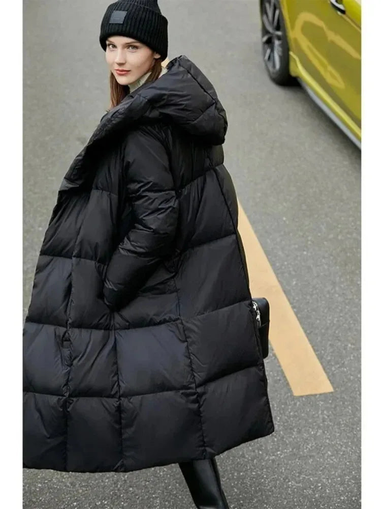 AMII Women's Down Coats Long Jacket Casual Loose Hooded Covered Button Coats 2026 Winter New Versatile Ladies Clothing 12424110