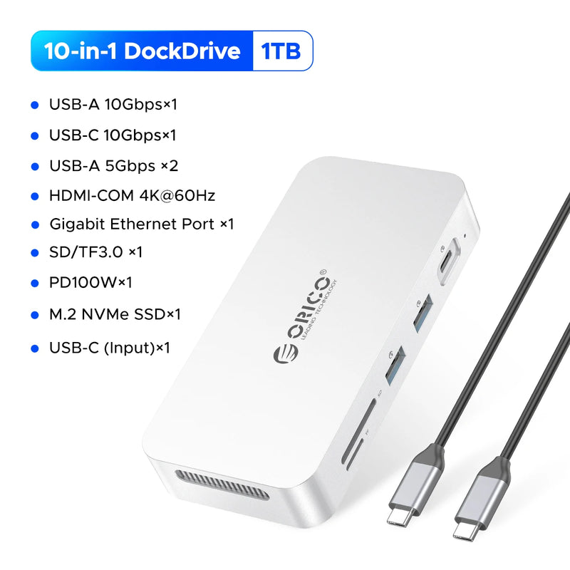 ORICO DataLink PSSD 2TB External SSD Docking Station Type C to HDMI-compatible Adapter 4K@60Hz USB3.2 Gen2 HUB for MacBook