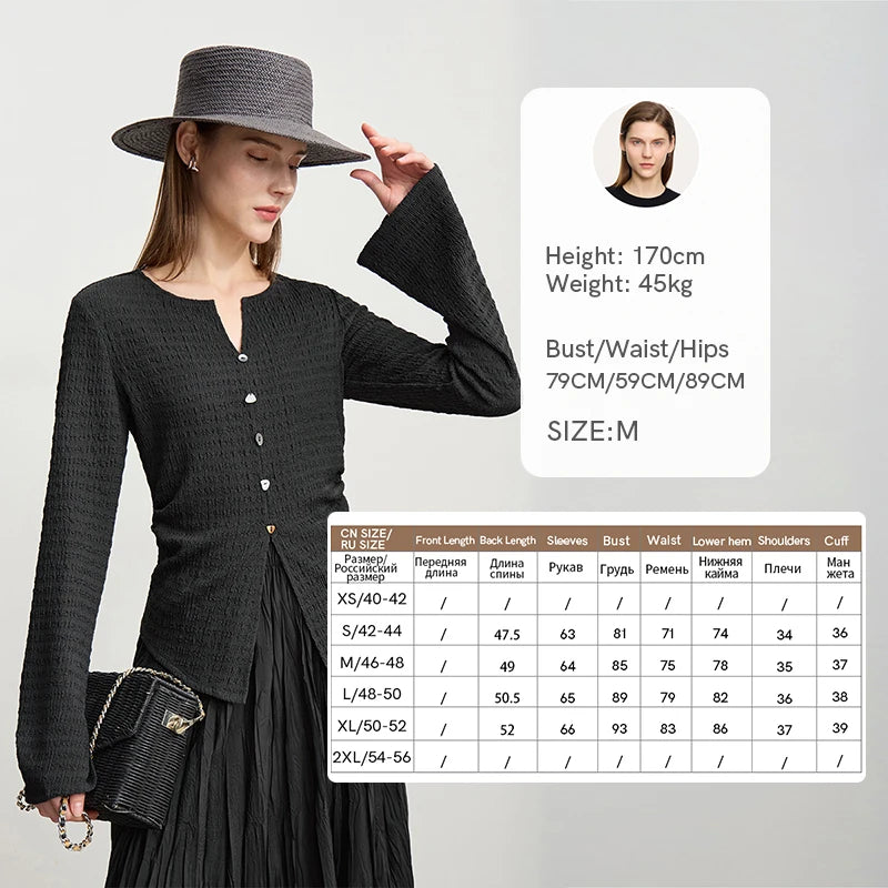 Amii Long Sleeve Women's T-shirt 2026 Autumn New Minimalist Slim Elastic Flare Sleeve Knitted Pullover Tops For Woman 12611001