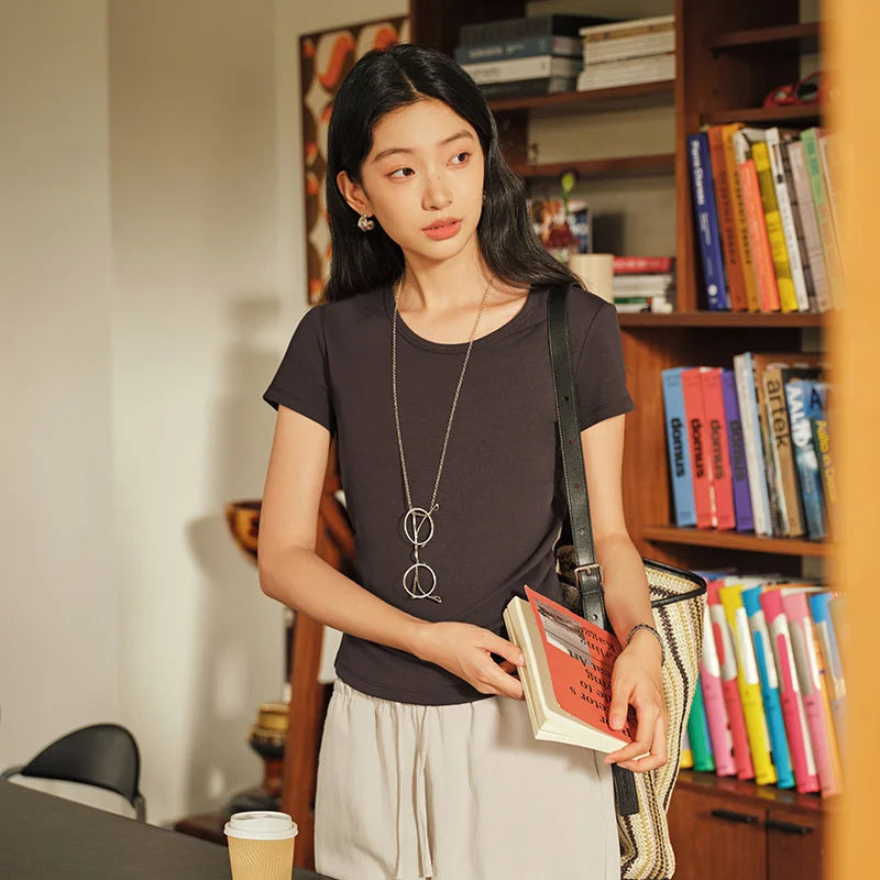 Semir Womens Tshirt 2026 Short U Neck Regular Shoulder Ruched Slim Embroidered Knitted