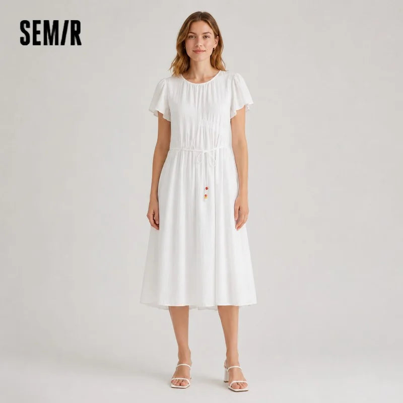 Semir Women Dress Puff Sleeve Waist Cinching Textured Maxi Elegant Vacation White 2026 Summer Romantic Style Top