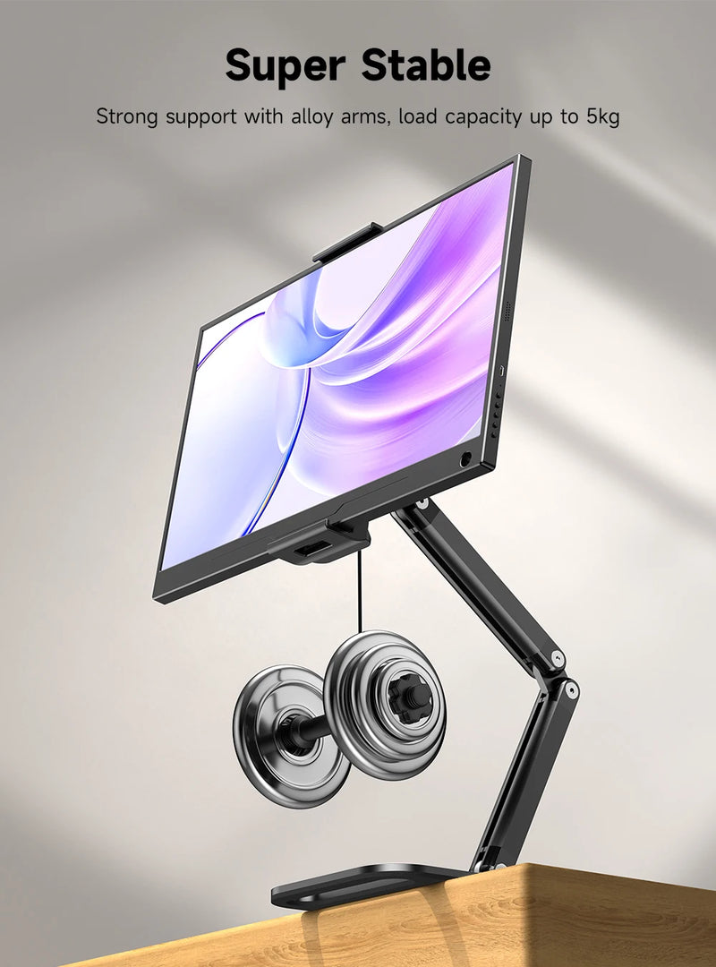 ឈុតស្ព្រីងដែក UPERFECT Ustand D18 អាចបត់បែនបានសម្រាប់តង្កៀបម៉ូនីទ័រចល័តទំហំ 10-18.5 អ៊ីញ ដែលអាចលៃតម្រូវបាន 360° អេក្រង់បញ្ឈរខាងក្រៅ