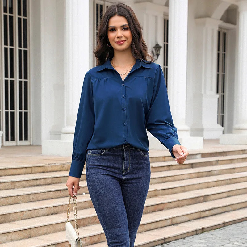 Women's Long-sleeve Collared Shirts for Spring and Fall; Pleated/patchwork-detailed Blouses; Black, White, Green, Blue, Purple.