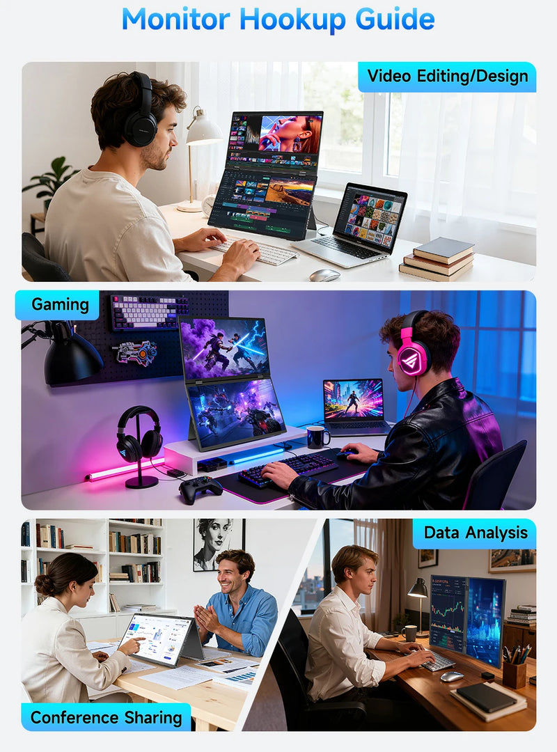 UPERFECT Dual Portable Monitor 15.6" 1080P FHD IPS Folding Stacked Triple Laptop Screen Extender Game USB-C Plug & Play Travel