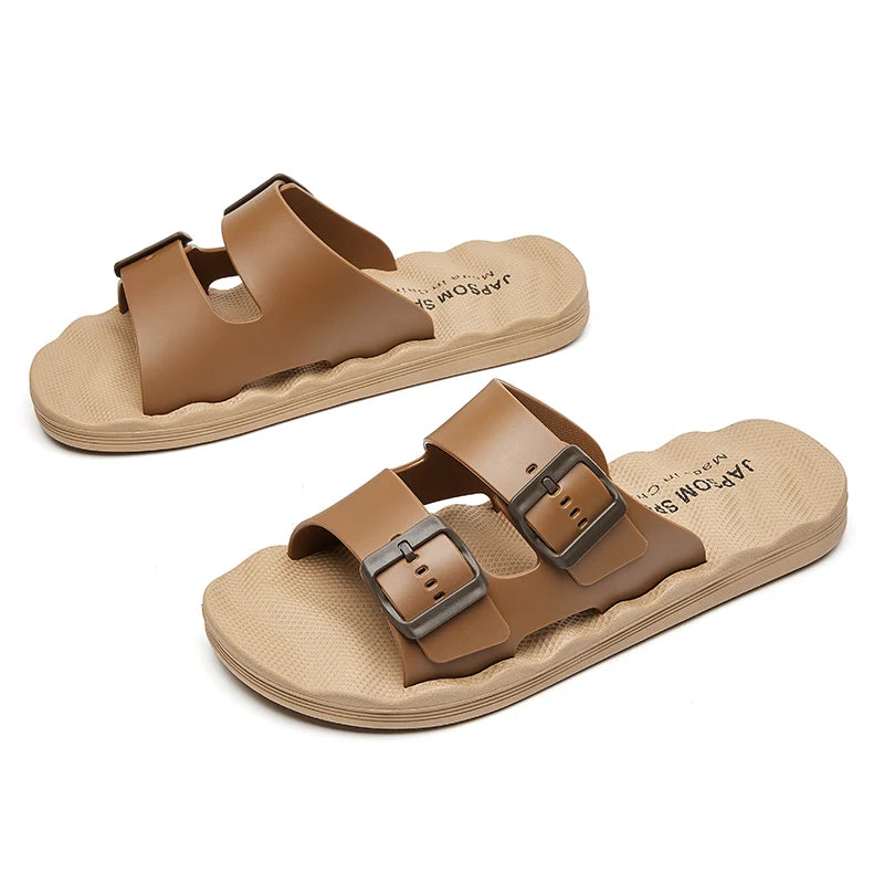 Men's Adjustable Double Buckle Slide Sandals EVA Comfort Flat Slides Non Slip Casual Slippers for Indoor Outdoor Beach Shower