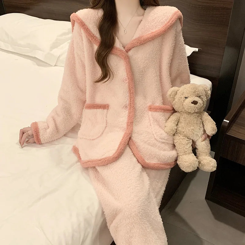 Pyjamas Femme Hiver Korean Soft Flannel Pajama Woman Winter Sleepwear Thick Warm Women's Home Clothes Casual Nightwear Set