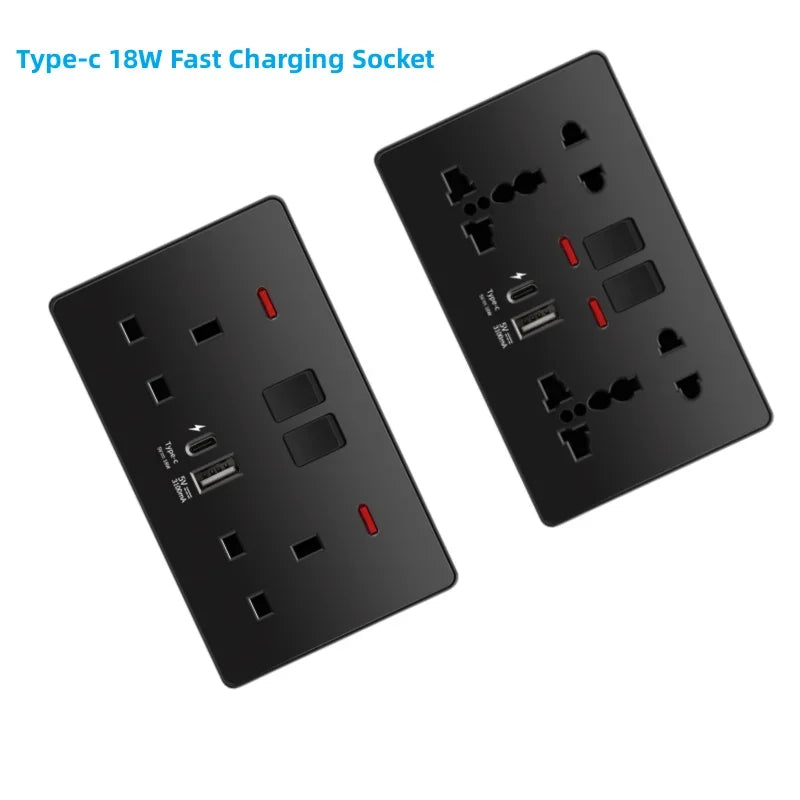 Black Uk 13A Smart Fast Charging Type C18W Charging Socket,1gang2way Wall Light Switch ,Universal Double Five-hole USB C Outlet