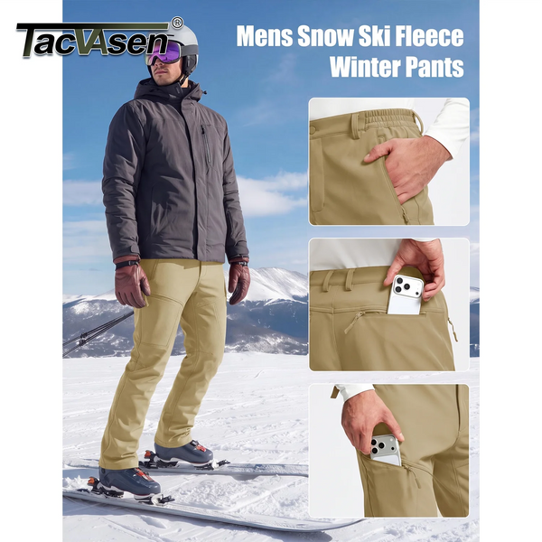 TACVASEN Mens Snow Ski Pants Fleece Winter Outdoor Hiking Waterproof Pants Themal Zipper Pockets Windproof Softshell Cargo Work
