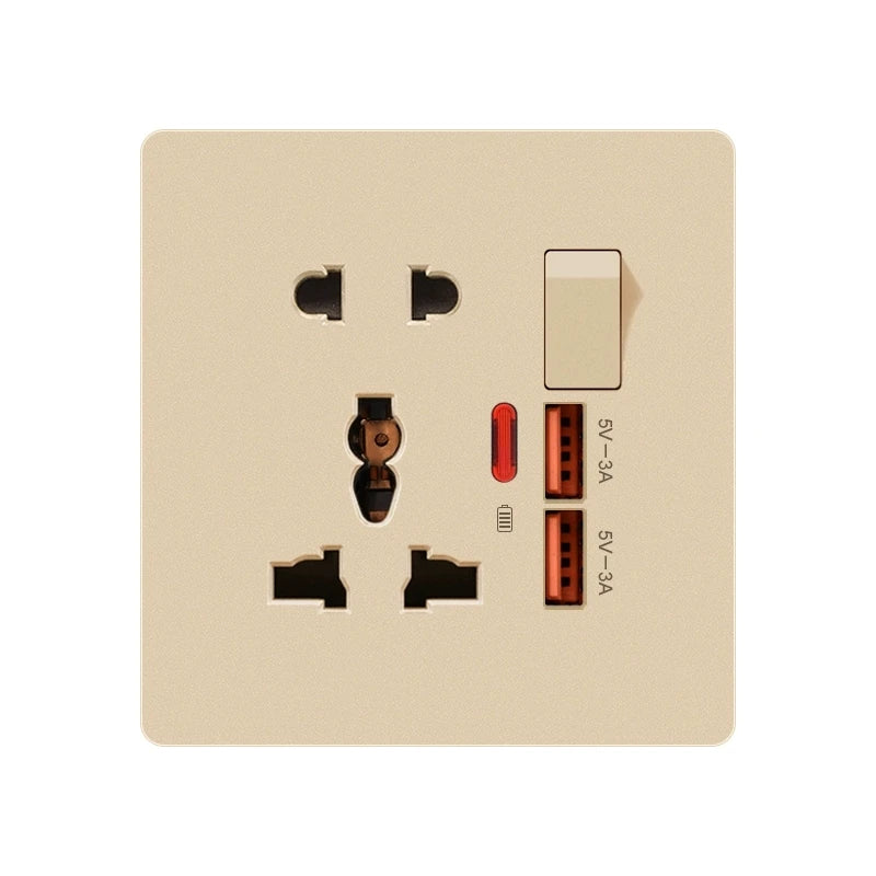 Universal 3/5Pin Smart Socket With 20W Fast Charging Type-C Port,UK Plastic Electrical Wall Double USB Power Outlet AC 110V-250V